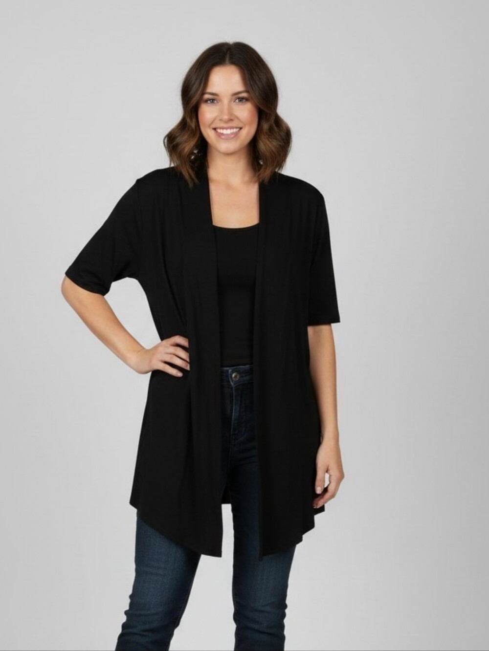Ami Black Open-Front Draped Short-Sleeve Cardigan